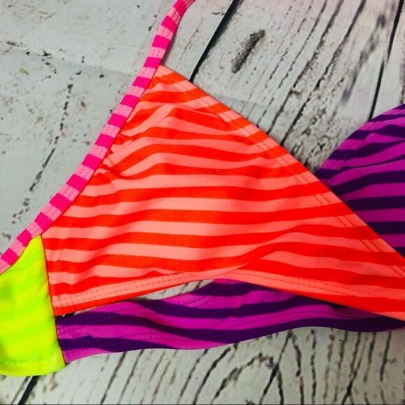 OP Ocean Pacific Multicolour Neon Stripe Bikini Swim Top Jr S (3-5) Women’s XXS - Picture 2 of 7